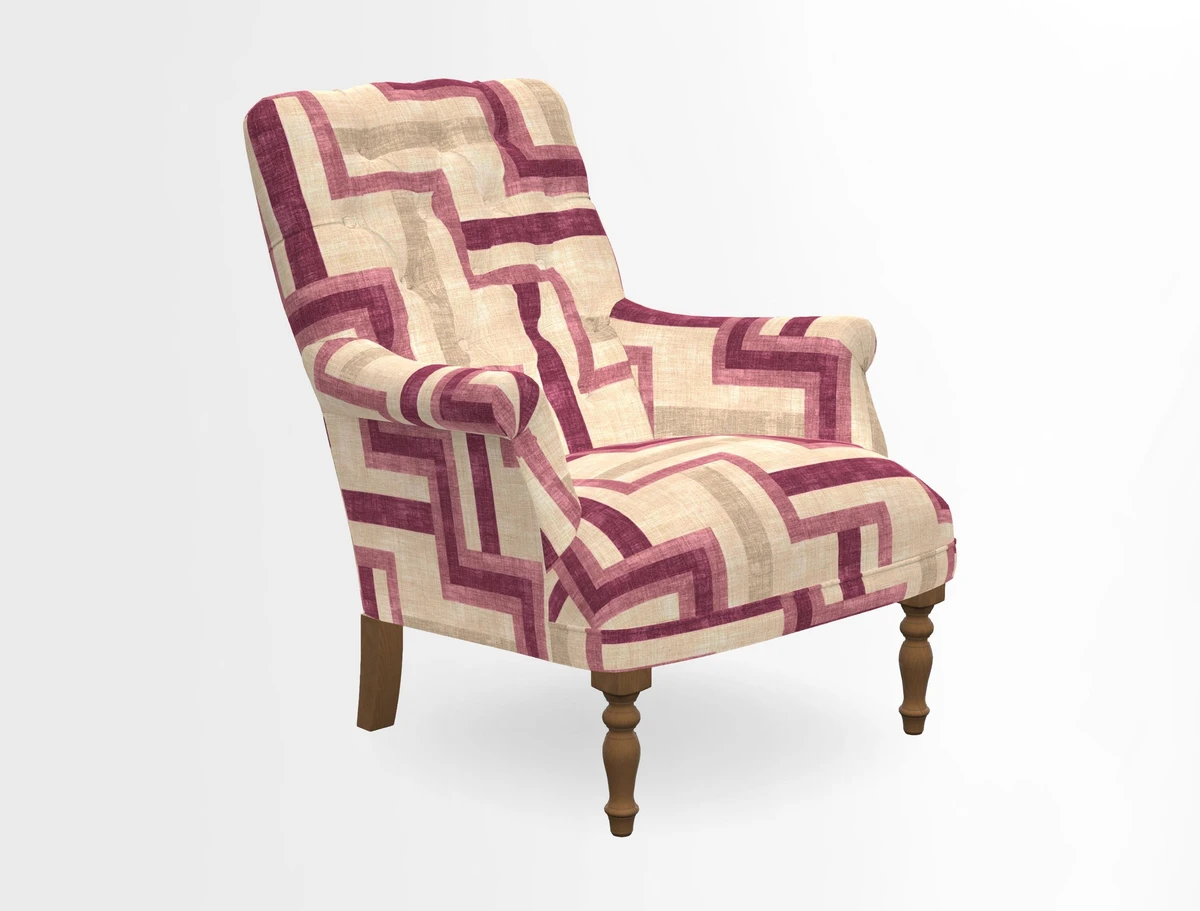 Snape Button Back chair in Spill Resistant V&A Bird & Rabbit Dark Green and Cube footstool in Spill Resistant RHS Etta's Stripe Ink