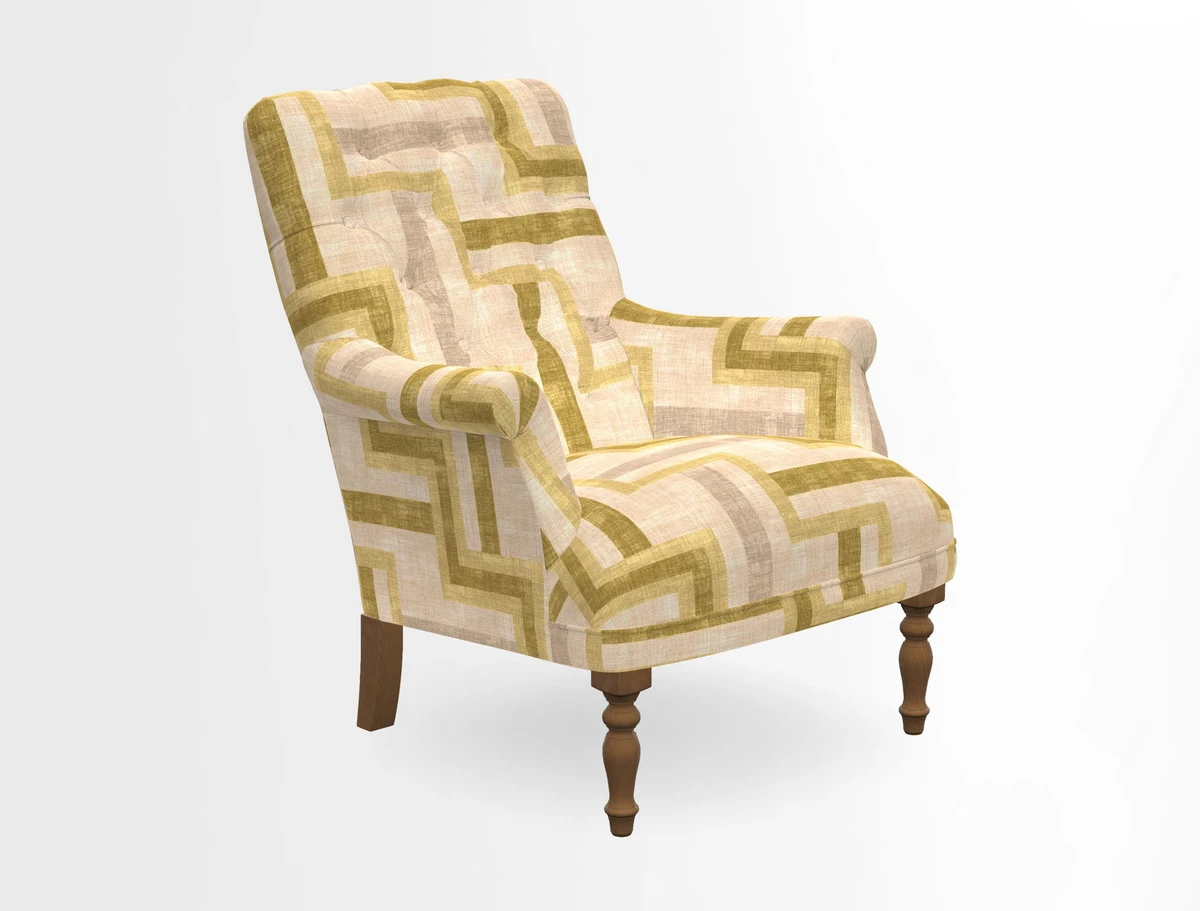 Snape Button Back chair in Spill Resistant V&A Bird & Rabbit Dark Green and Cube footstool in Spill Resistant RHS Etta's Stripe Ink
