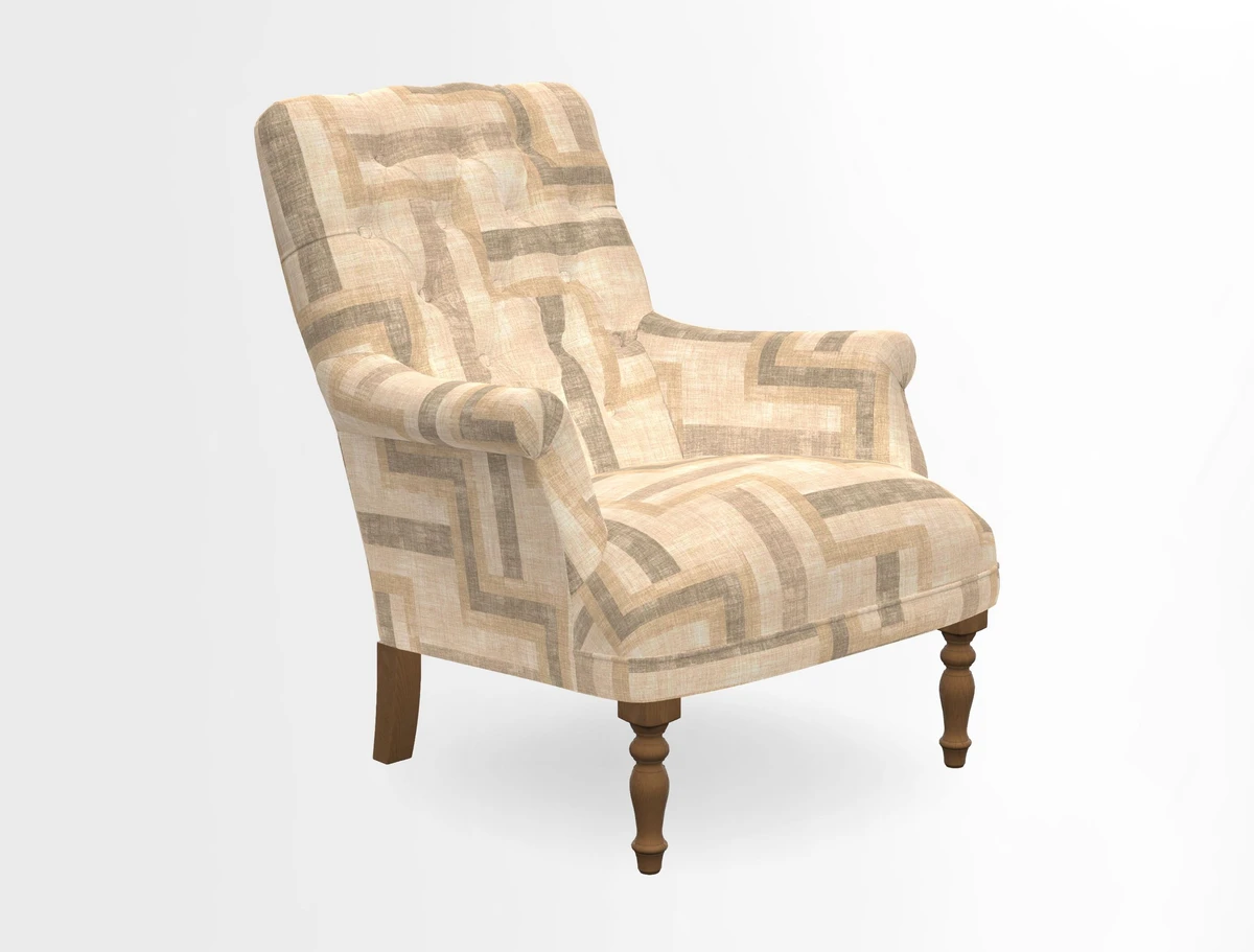 Snape Button Back chair in Spill Resistant V&A Bird & Rabbit Dark Green and Cube footstool in Spill Resistant RHS Etta's Stripe Ink