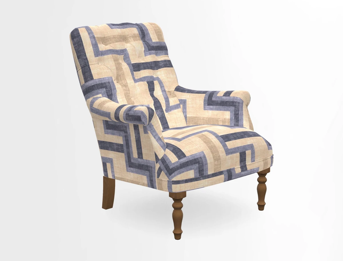 Snape Button Back chair in Spill Resistant V&A Bird & Rabbit Dark Green and Cube footstool in Spill Resistant RHS Etta's Stripe Ink