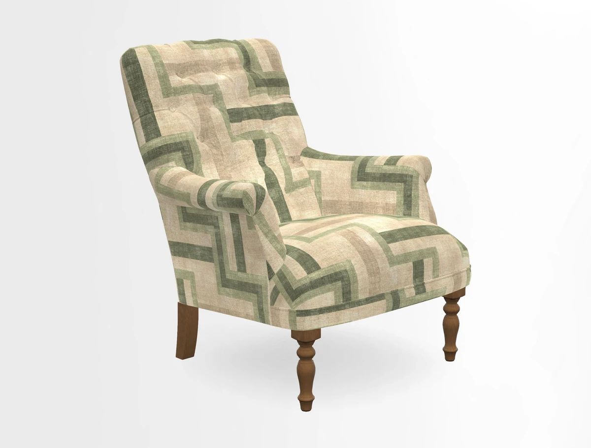 Snape Button Back chair in Spill Resistant V&A Bird & Rabbit Dark Green and Cube footstool in Spill Resistant RHS Etta's Stripe Ink