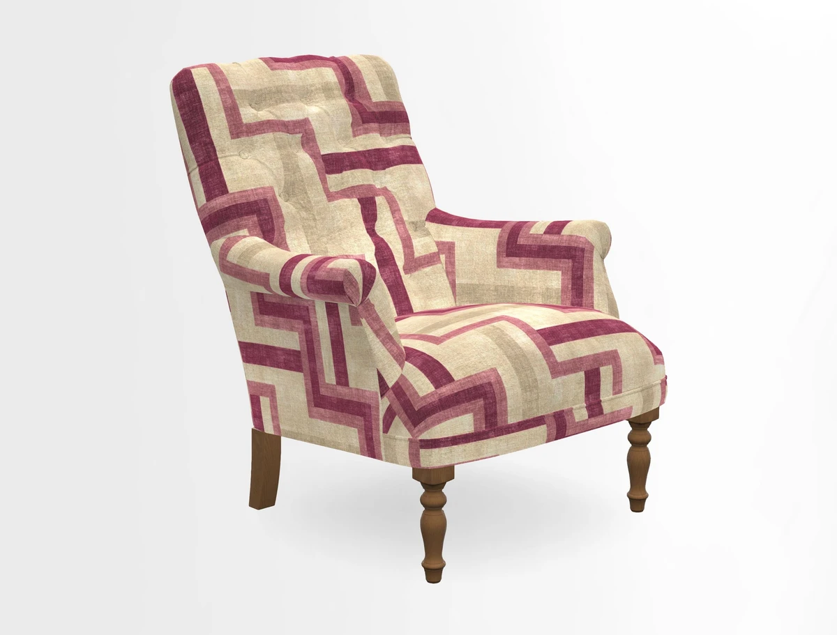 Snape Button Back chair in Spill Resistant V&A Bird & Rabbit Dark Green and Cube footstool in Spill Resistant RHS Etta's Stripe Ink