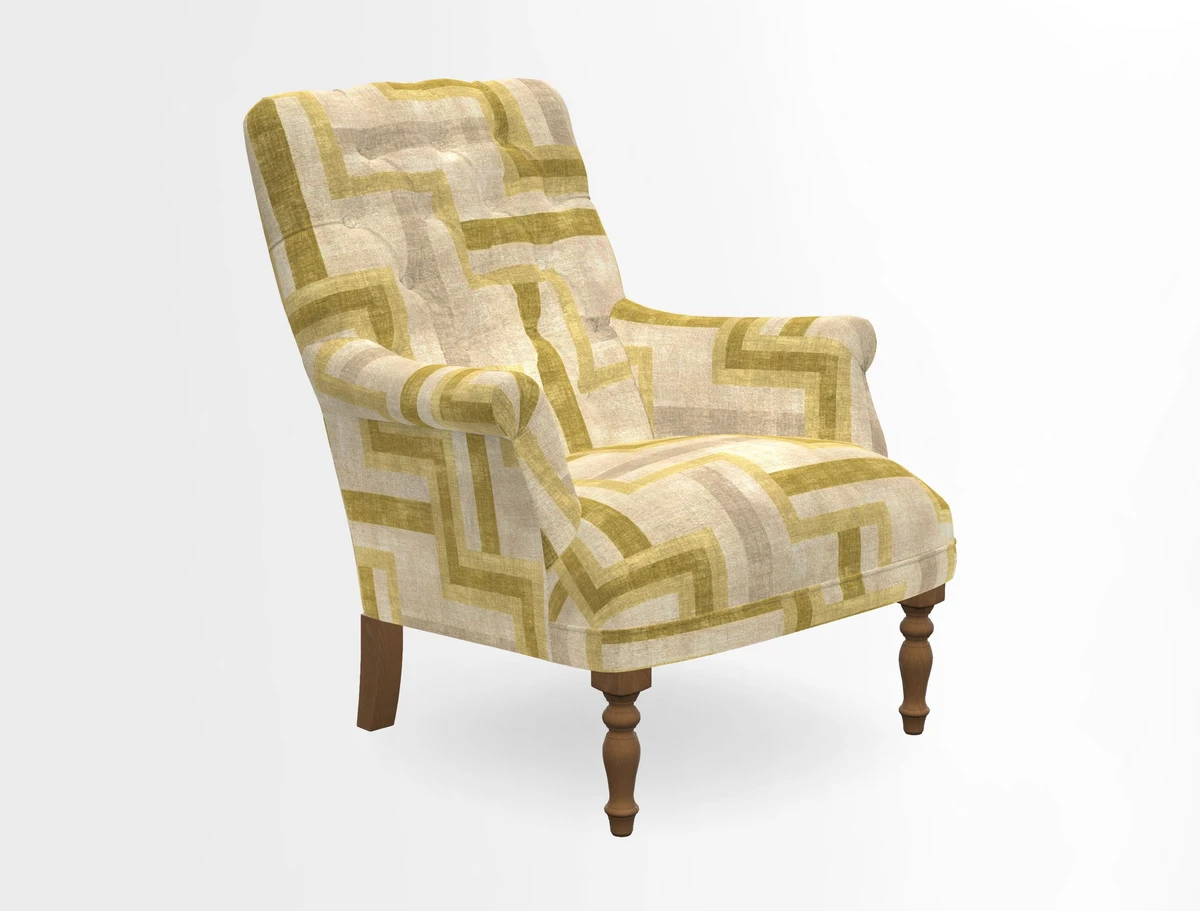 Snape Button Back chair in Spill Resistant V&A Bird & Rabbit Dark Green and Cube footstool in Spill Resistant RHS Etta's Stripe Ink