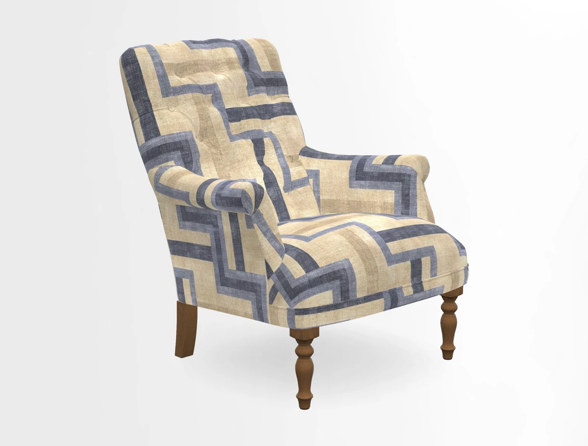 Snape Button Back chair in Spill Resistant V&A Bird & Rabbit Dark Green and Cube footstool in Spill Resistant RHS Etta's Stripe Ink