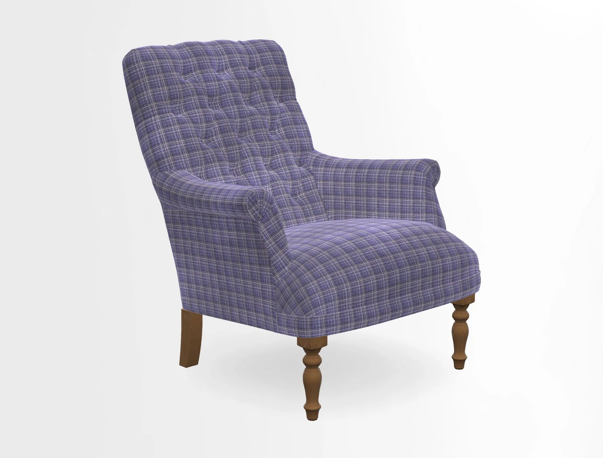 Snape Button Back chair in Spill Resistant V&A Bird & Rabbit Dark Green and Cube footstool in Spill Resistant RHS Etta's Stripe Ink