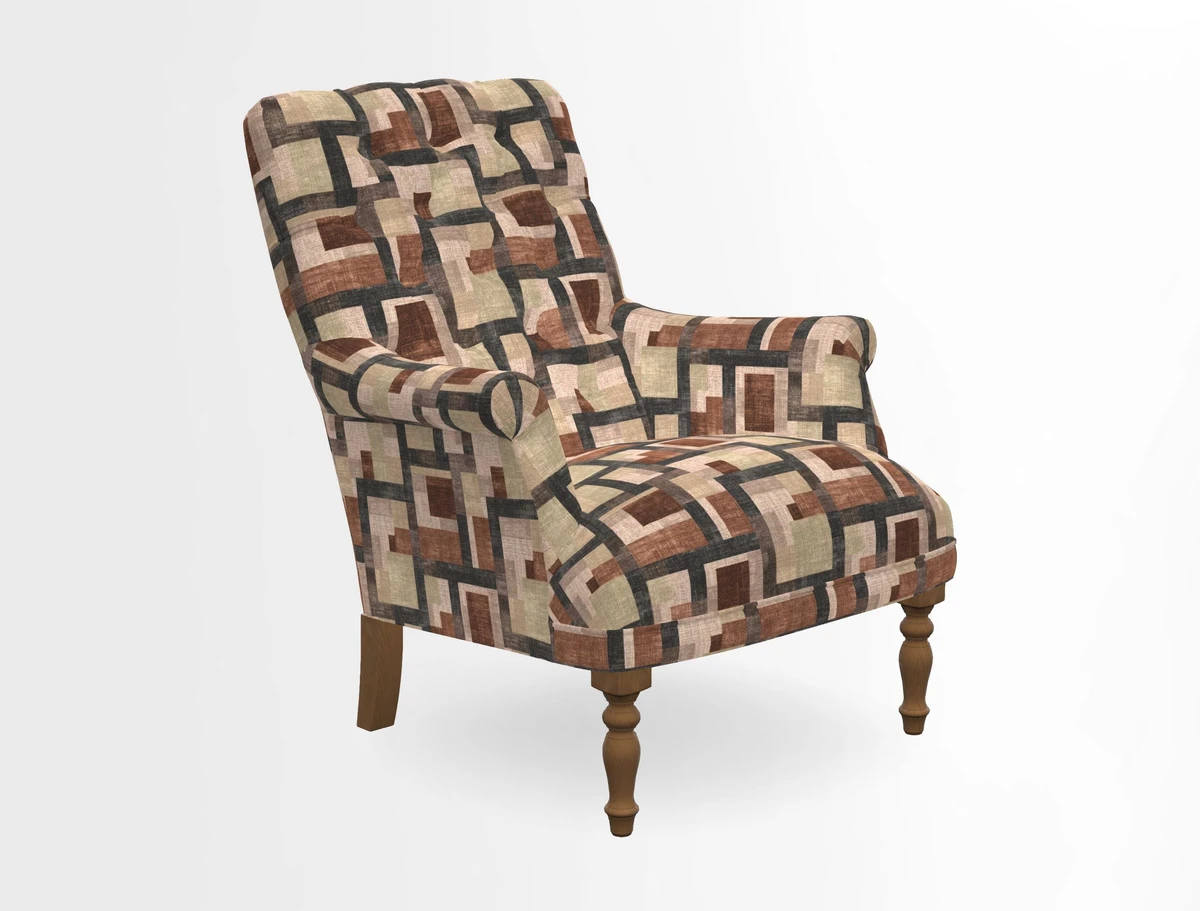 Snape Button Back chair in Spill Resistant V&A Bird & Rabbit Dark Green and Cube footstool in Spill Resistant RHS Etta's Stripe Ink