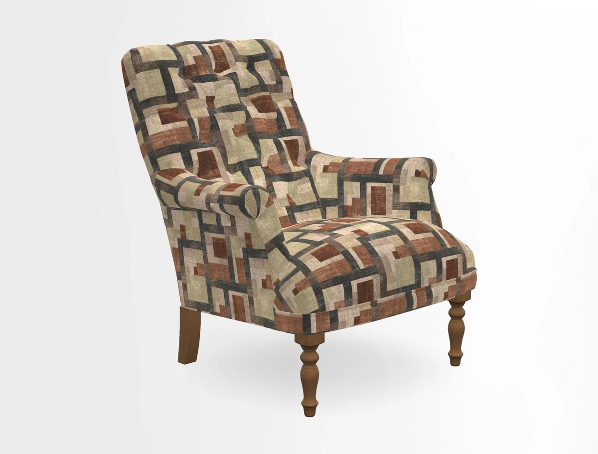 Snape Button Back chair in Spill Resistant V&A Bird & Rabbit Dark Green and Cube footstool in Spill Resistant RHS Etta's Stripe Ink