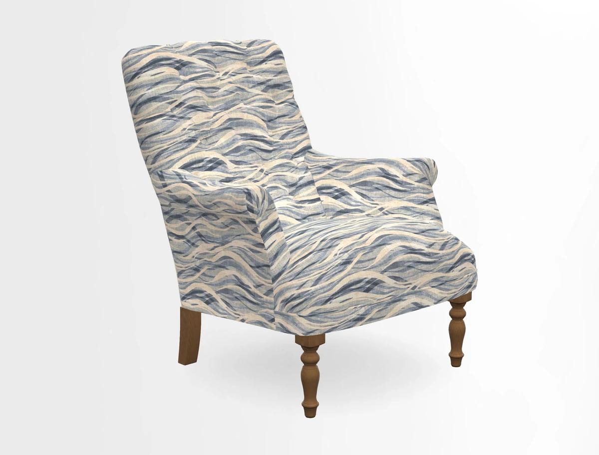 Snape Button Back chair in Spill Resistant V&A Bird & Rabbit Dark Green and Cube footstool in Spill Resistant RHS Etta's Stripe Ink