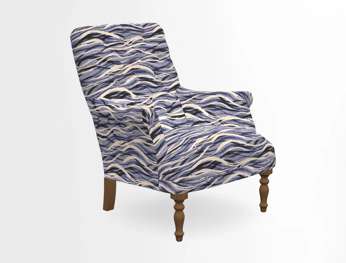 Snape Button Back chair in Spill Resistant V&A Bird & Rabbit Dark Green and Cube footstool in Spill Resistant RHS Etta's Stripe Ink