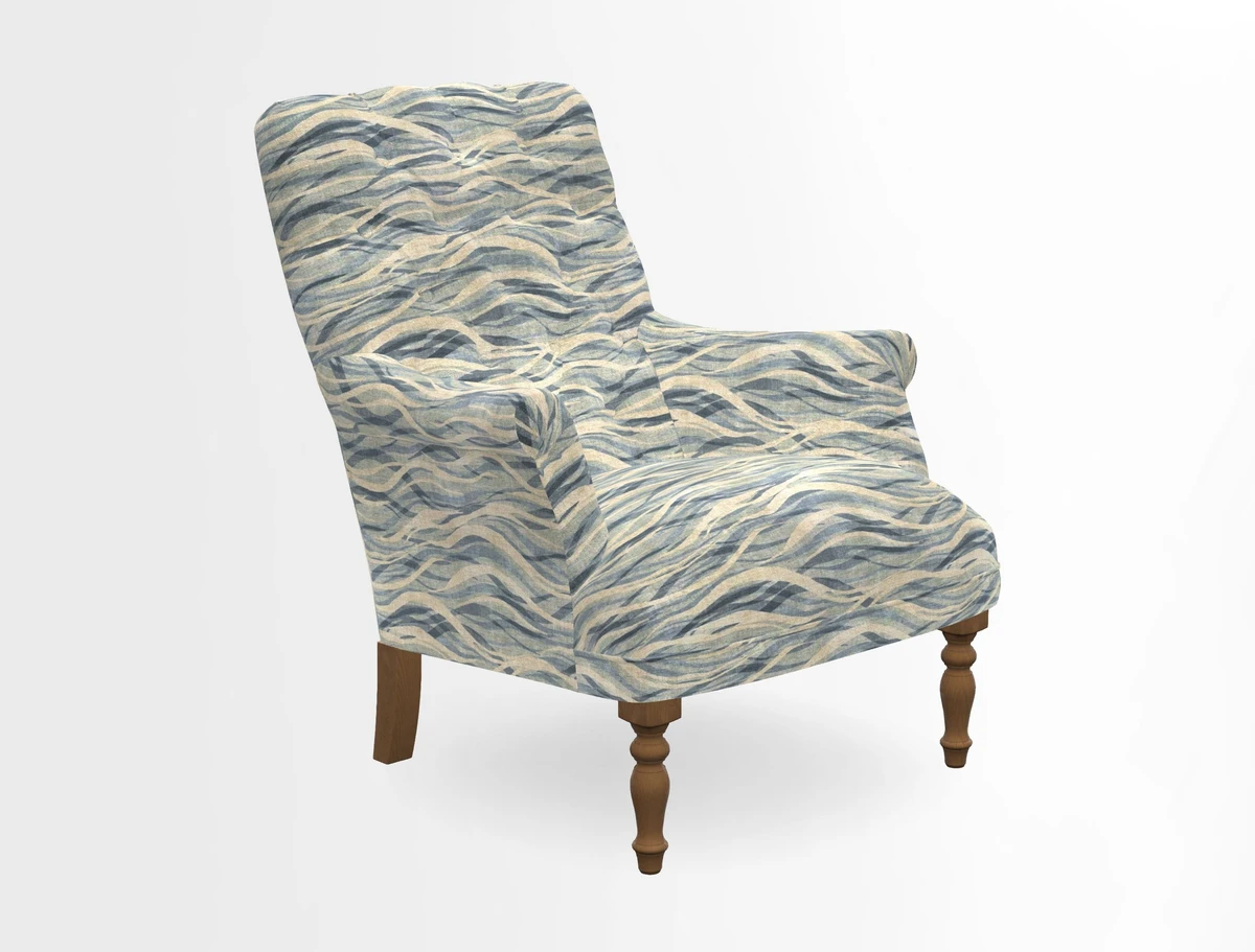 Snape Button Back chair in Spill Resistant V&A Bird & Rabbit Dark Green and Cube footstool in Spill Resistant RHS Etta's Stripe Ink