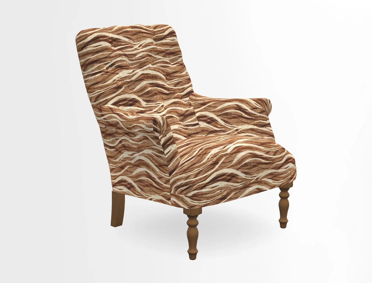 Snape Button Back chair in Spill Resistant V&A Bird & Rabbit Dark Green and Cube footstool in Spill Resistant RHS Etta's Stripe Ink