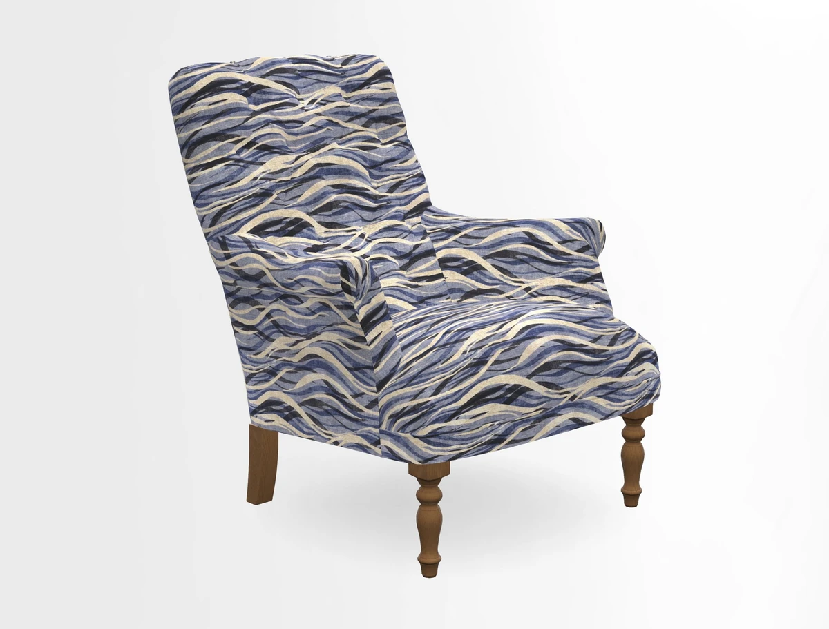 Snape Button Back chair in Spill Resistant V&A Bird & Rabbit Dark Green and Cube footstool in Spill Resistant RHS Etta's Stripe Ink