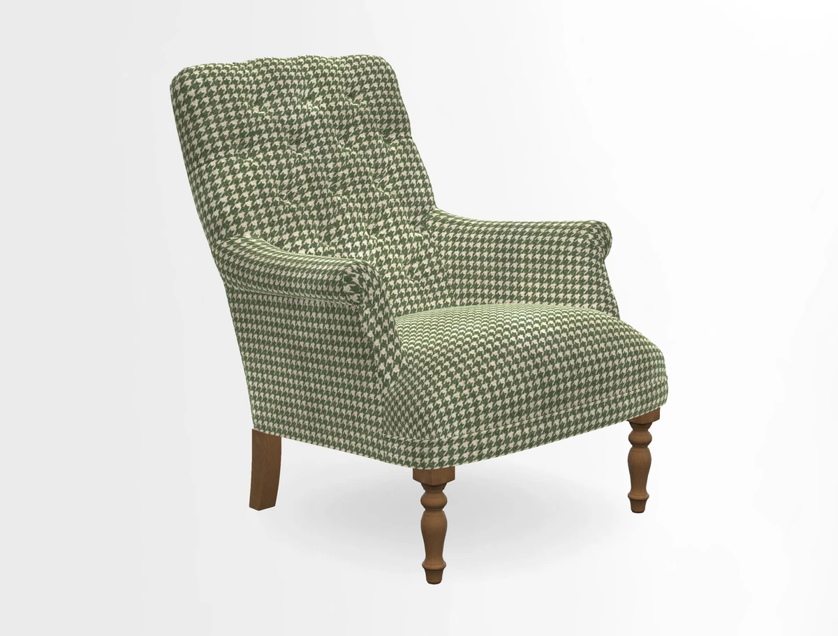 Snape Button Back chair in Spill Resistant V&A Bird & Rabbit Dark Green and Cube footstool in Spill Resistant RHS Etta's Stripe Ink