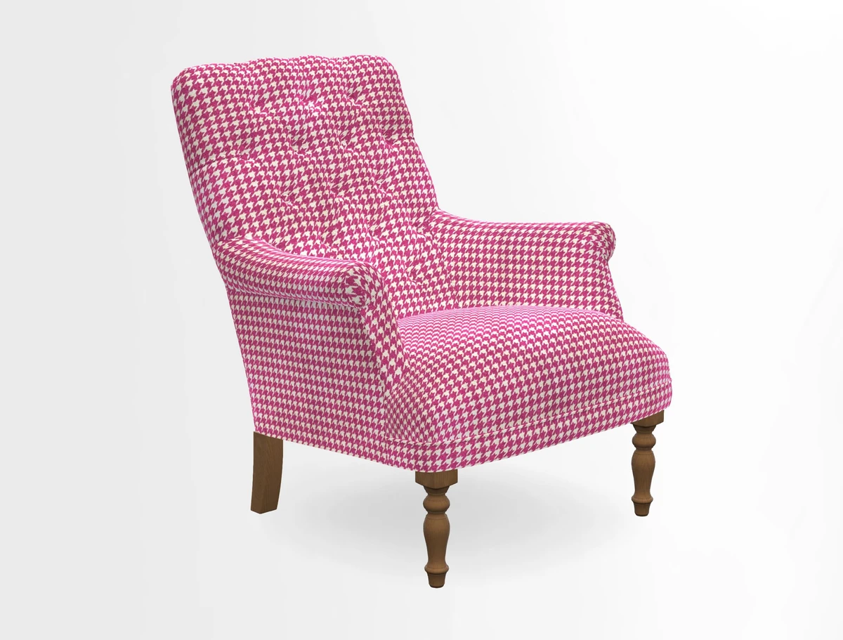Snape Button Back chair in Spill Resistant V&A Bird & Rabbit Dark Green and Cube footstool in Spill Resistant RHS Etta's Stripe Ink