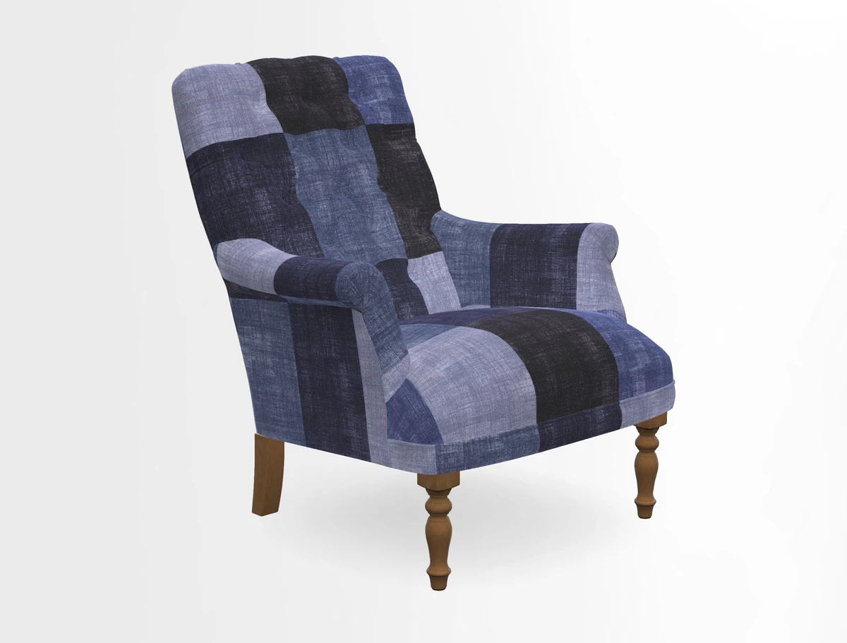 Snape Button Back chair in Spill Resistant V&A Bird & Rabbit Dark Green and Cube footstool in Spill Resistant RHS Etta's Stripe Ink