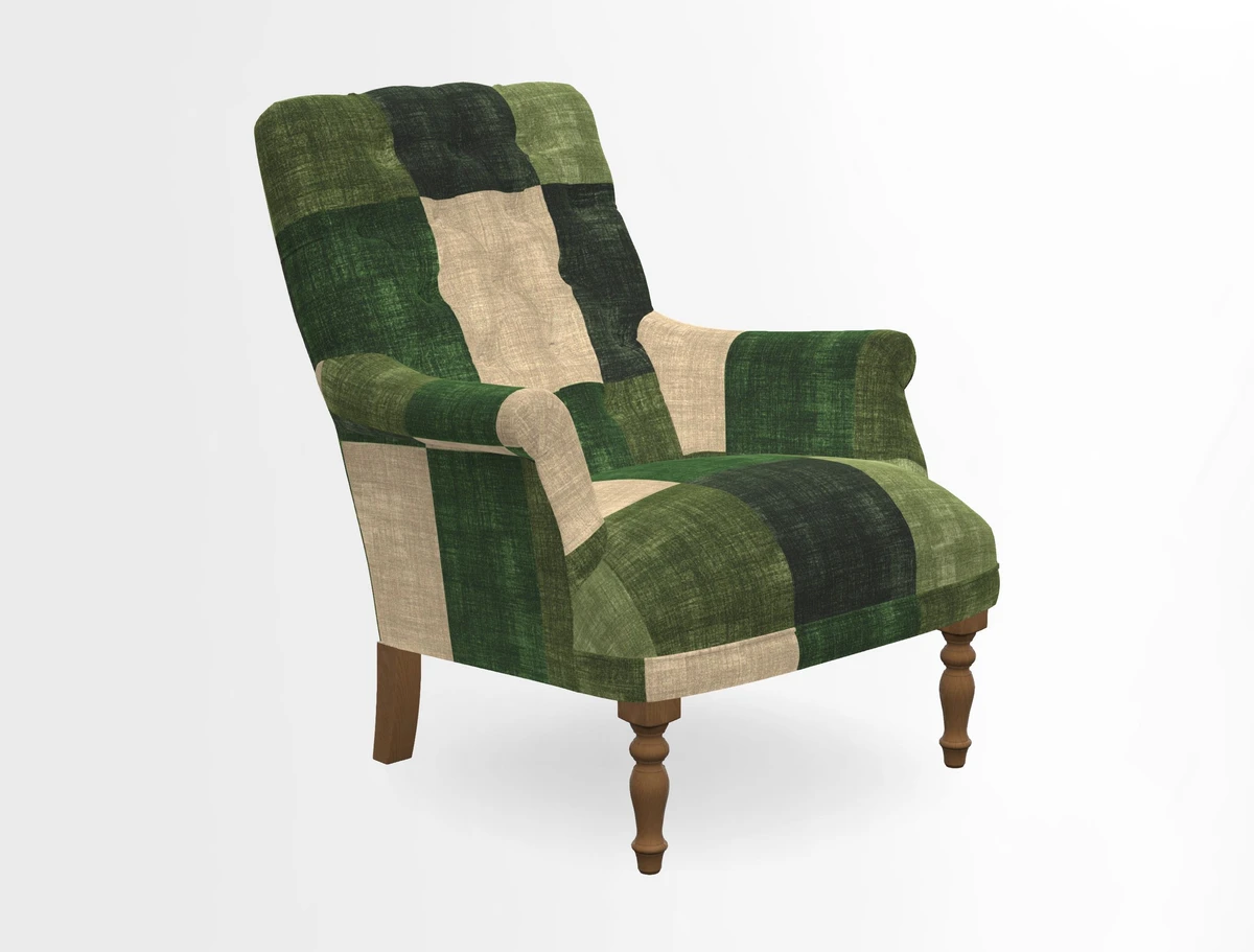 Snape Button Back chair in Spill Resistant V&A Bird & Rabbit Dark Green and Cube footstool in Spill Resistant RHS Etta's Stripe Ink