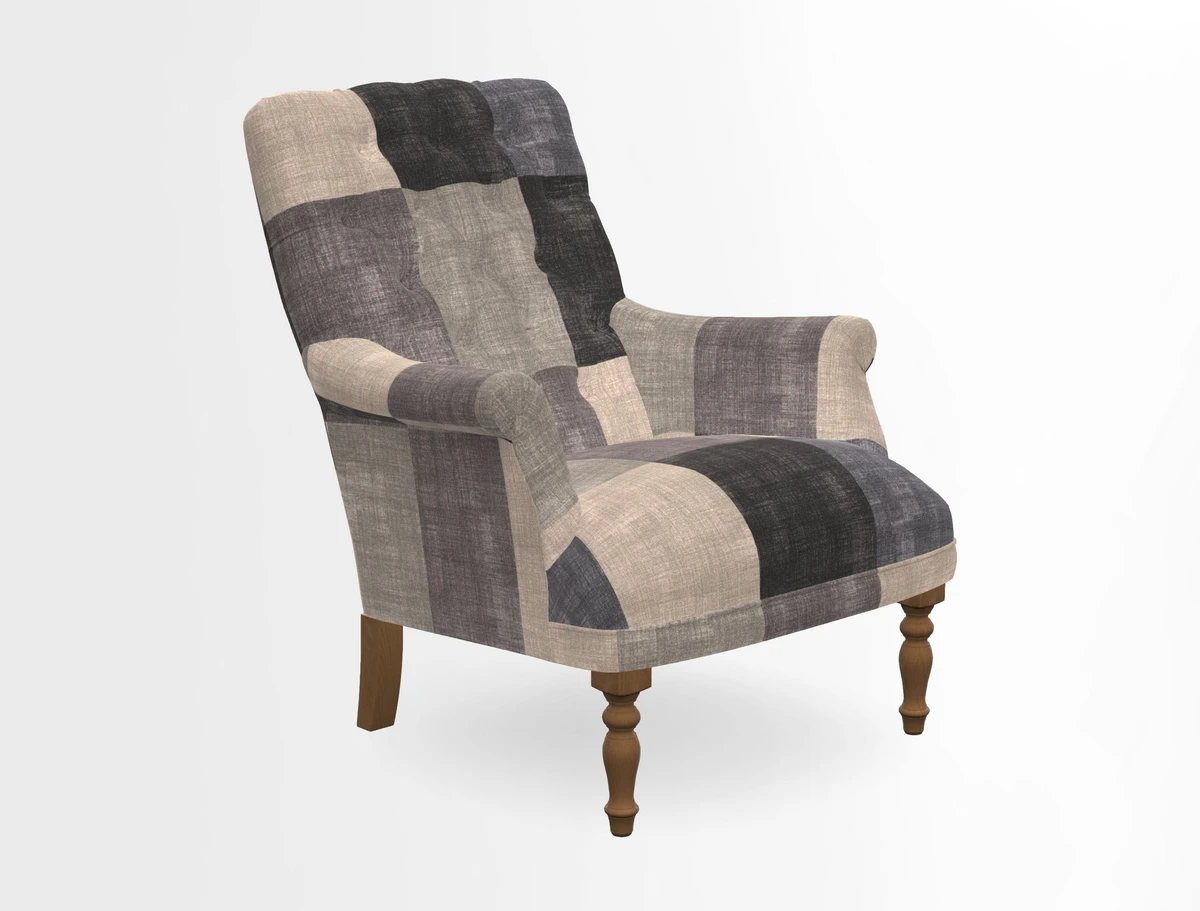 Snape Button Back chair in Spill Resistant V&A Bird & Rabbit Dark Green and Cube footstool in Spill Resistant RHS Etta's Stripe Ink