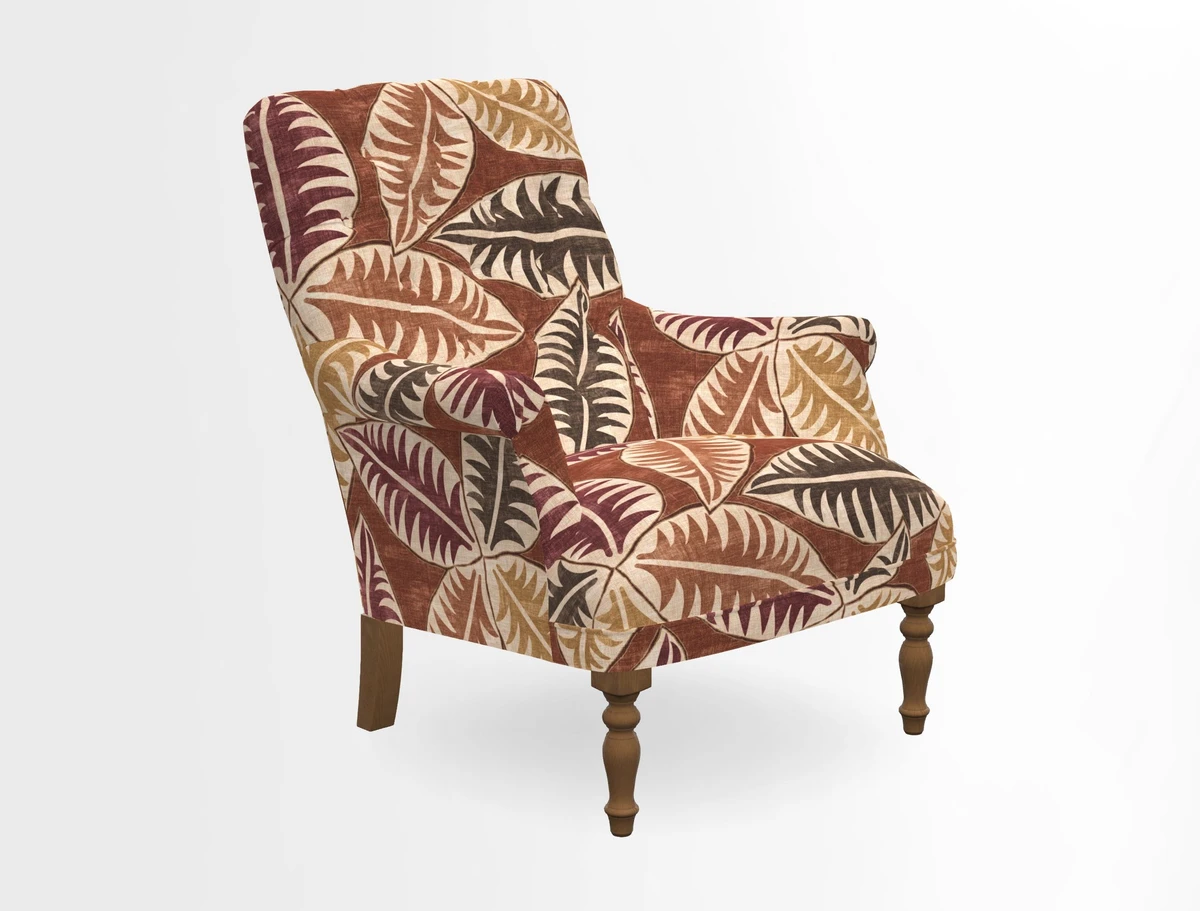 Snape Button Back chair in Spill Resistant V&A Bird & Rabbit Dark Green and Cube footstool in Spill Resistant RHS Etta's Stripe Ink