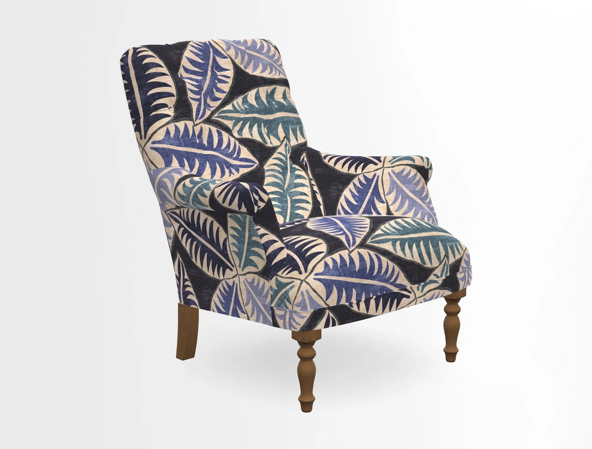 Snape Button Back chair in Spill Resistant V&A Bird & Rabbit Dark Green and Cube footstool in Spill Resistant RHS Etta's Stripe Ink