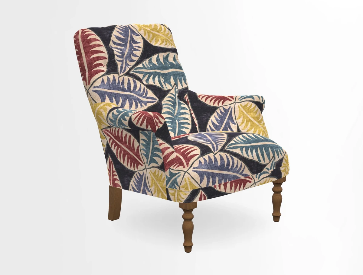 Snape Button Back chair in Spill Resistant V&A Bird & Rabbit Dark Green and Cube footstool in Spill Resistant RHS Etta's Stripe Ink