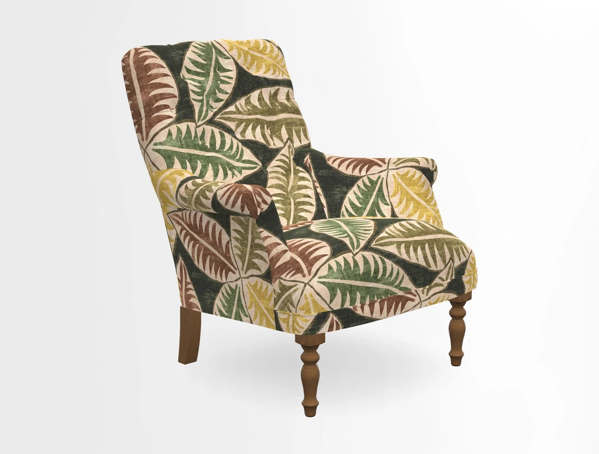 Snape Button Back chair in Spill Resistant V&A Bird & Rabbit Dark Green and Cube footstool in Spill Resistant RHS Etta's Stripe Ink