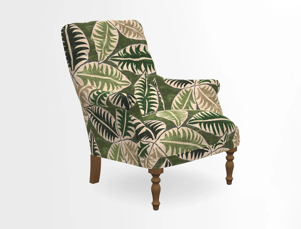 Snape Button Back chair in Spill Resistant V&A Bird & Rabbit Dark Green and Cube footstool in Spill Resistant RHS Etta's Stripe Ink