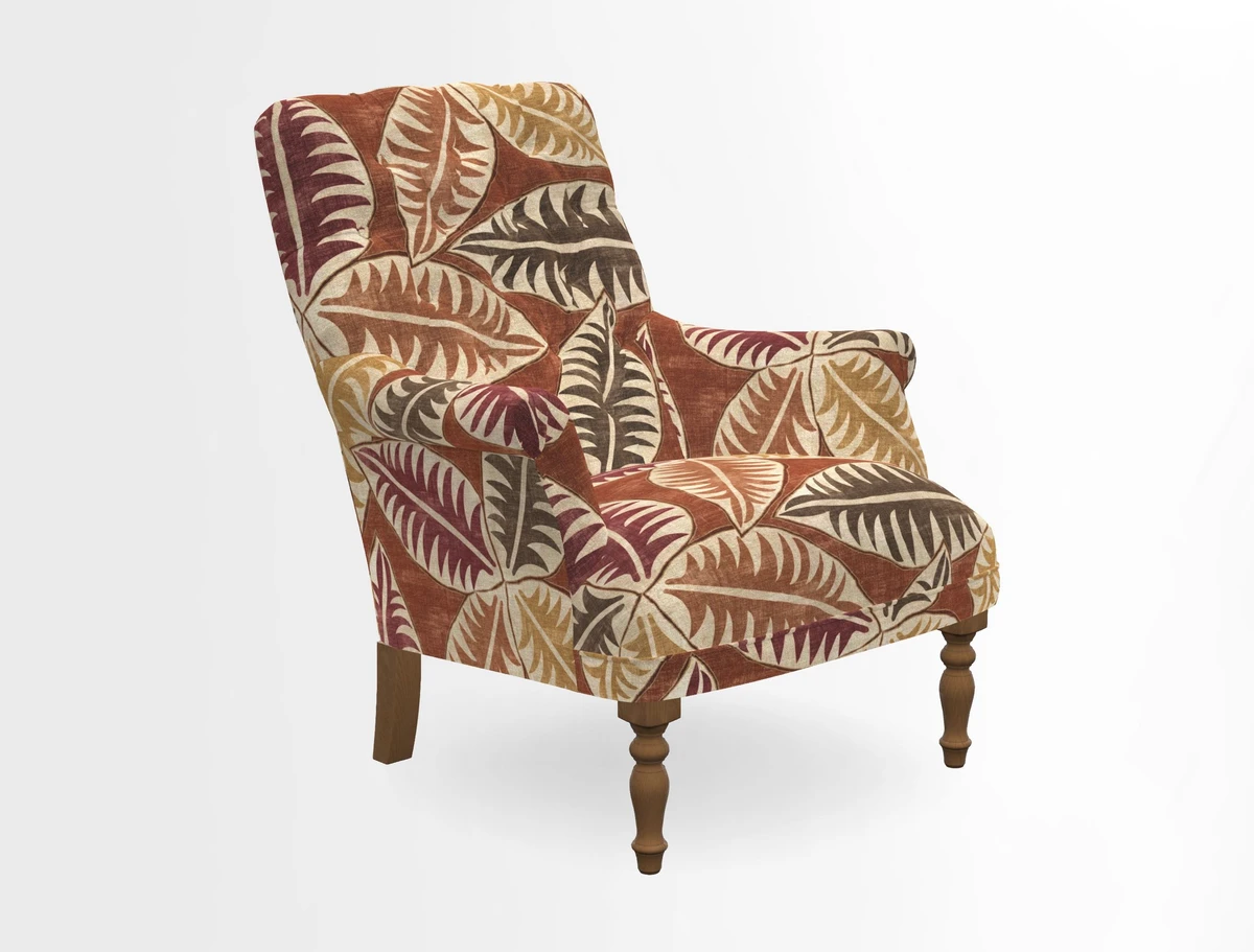 Snape Button Back chair in Spill Resistant V&A Bird & Rabbit Dark Green and Cube footstool in Spill Resistant RHS Etta's Stripe Ink