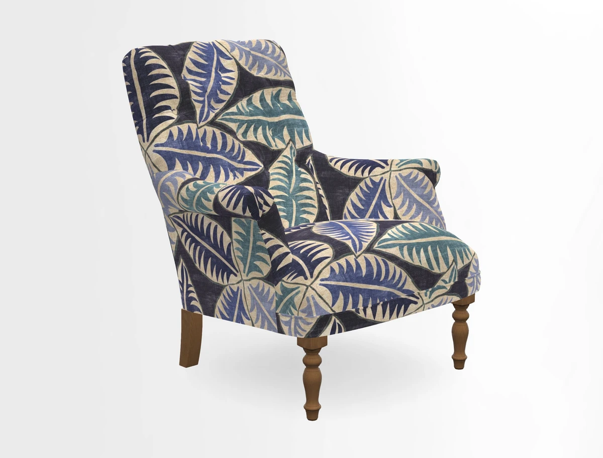 Snape Button Back chair in Spill Resistant V&A Bird & Rabbit Dark Green and Cube footstool in Spill Resistant RHS Etta's Stripe Ink