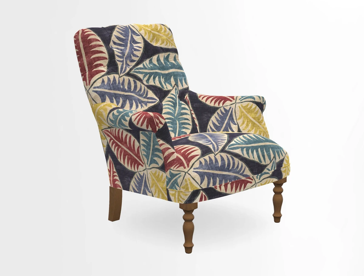 Snape Button Back chair in Spill Resistant V&A Bird & Rabbit Dark Green and Cube footstool in Spill Resistant RHS Etta's Stripe Ink
