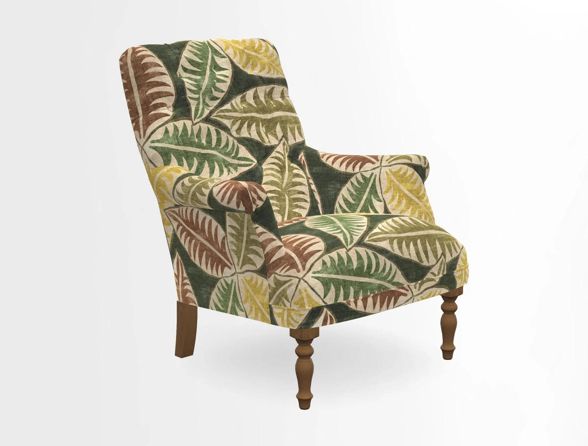 Snape Button Back chair in Spill Resistant V&A Bird & Rabbit Dark Green and Cube footstool in Spill Resistant RHS Etta's Stripe Ink