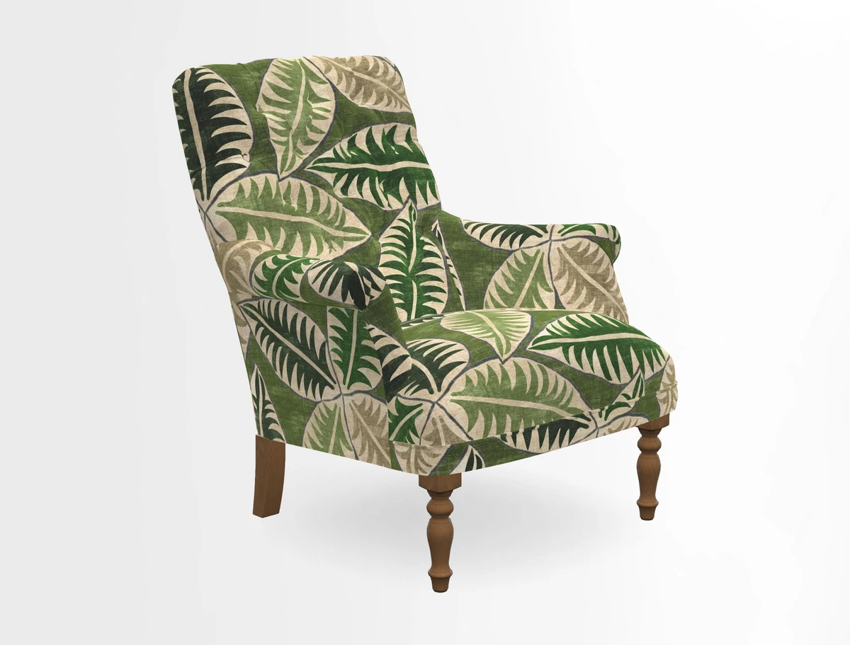 Snape Button Back chair in Spill Resistant V&A Bird & Rabbit Dark Green and Cube footstool in Spill Resistant RHS Etta's Stripe Ink