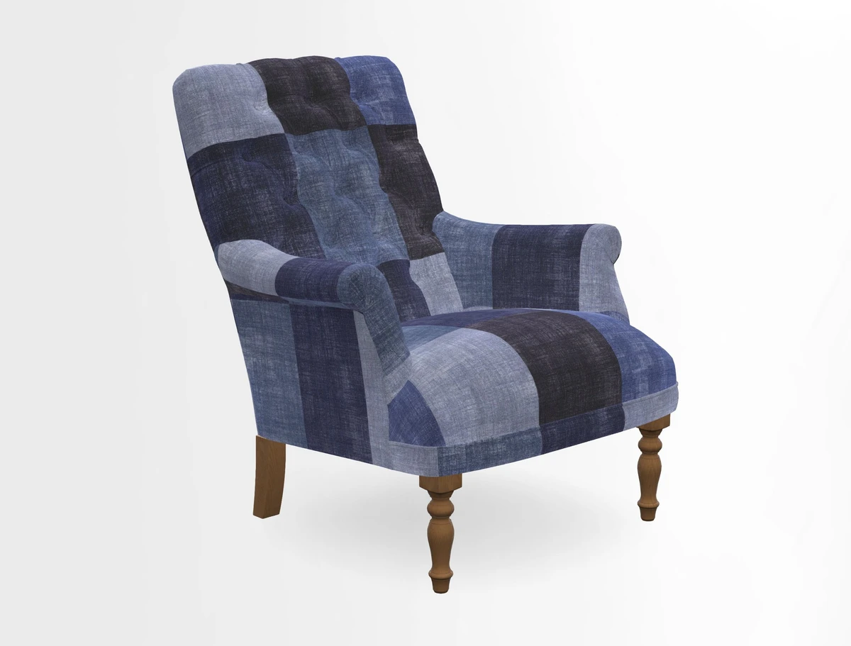 Snape Button Back chair in Spill Resistant V&A Bird & Rabbit Dark Green and Cube footstool in Spill Resistant RHS Etta's Stripe Ink