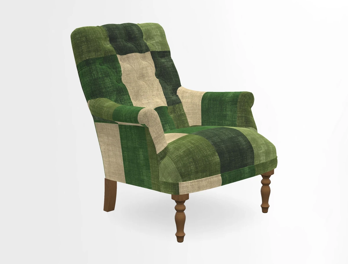 Snape Button Back chair in Spill Resistant V&A Bird & Rabbit Dark Green and Cube footstool in Spill Resistant RHS Etta's Stripe Ink