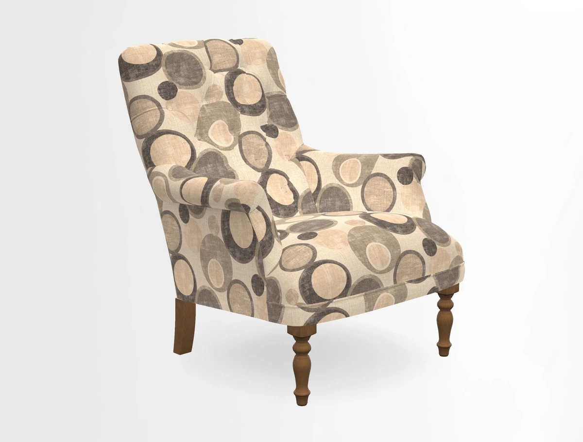 Snape Button Back chair in Spill Resistant V&A Bird & Rabbit Dark Green and Cube footstool in Spill Resistant RHS Etta's Stripe Ink