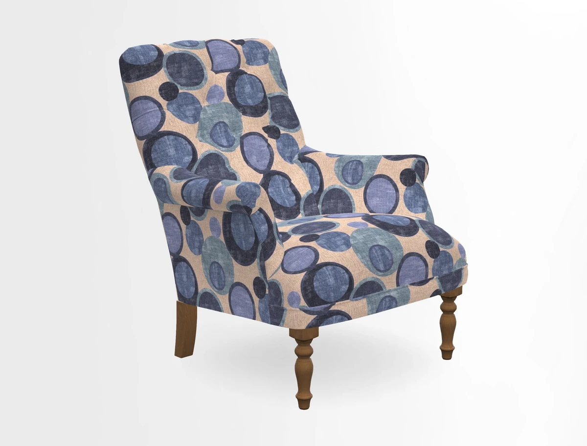 Snape Button Back chair in Spill Resistant V&A Bird & Rabbit Dark Green and Cube footstool in Spill Resistant RHS Etta's Stripe Ink