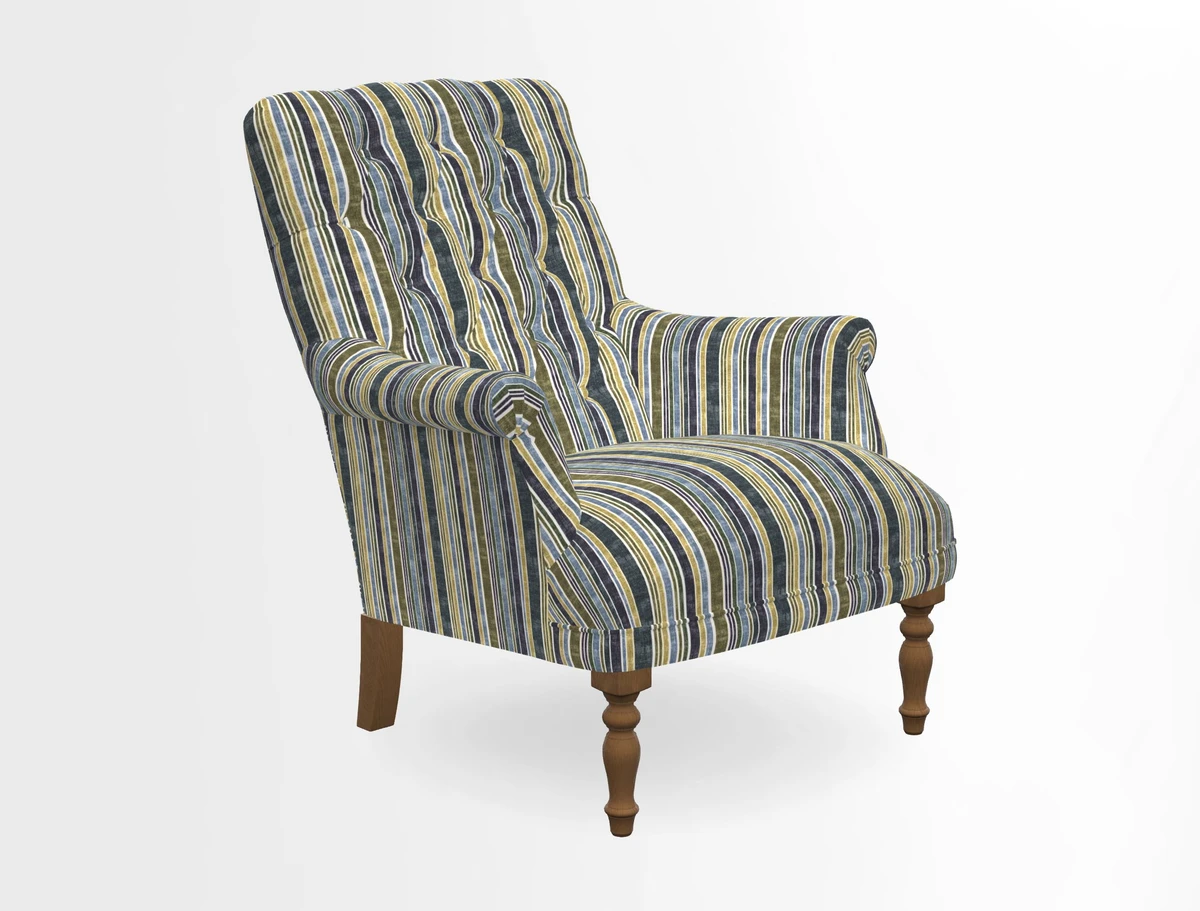 Snape Button Back chair in Spill Resistant V&A Bird & Rabbit Dark Green and Cube footstool in Spill Resistant RHS Etta's Stripe Ink
