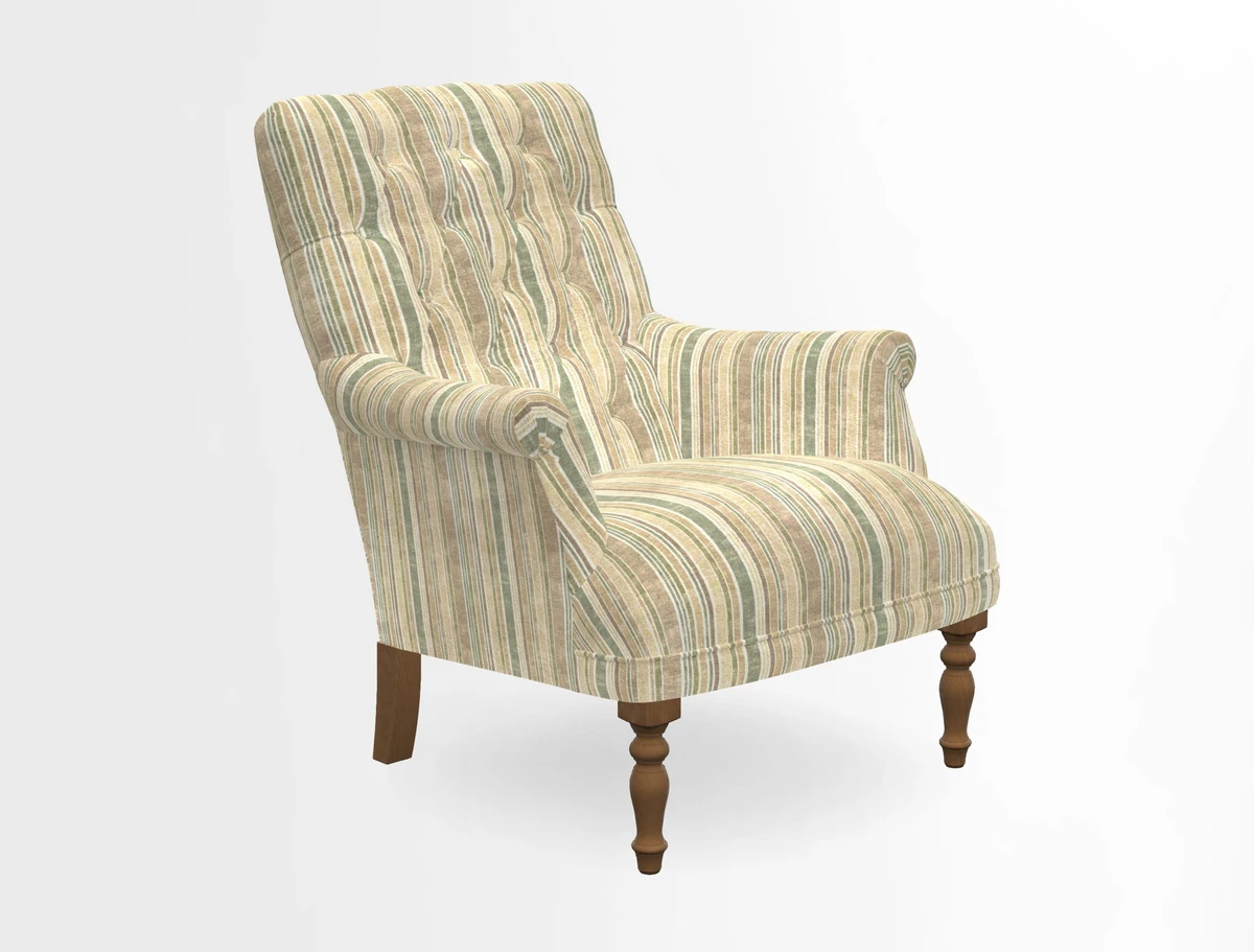 Snape Button Back chair in Spill Resistant V&A Bird & Rabbit Dark Green and Cube footstool in Spill Resistant RHS Etta's Stripe Ink