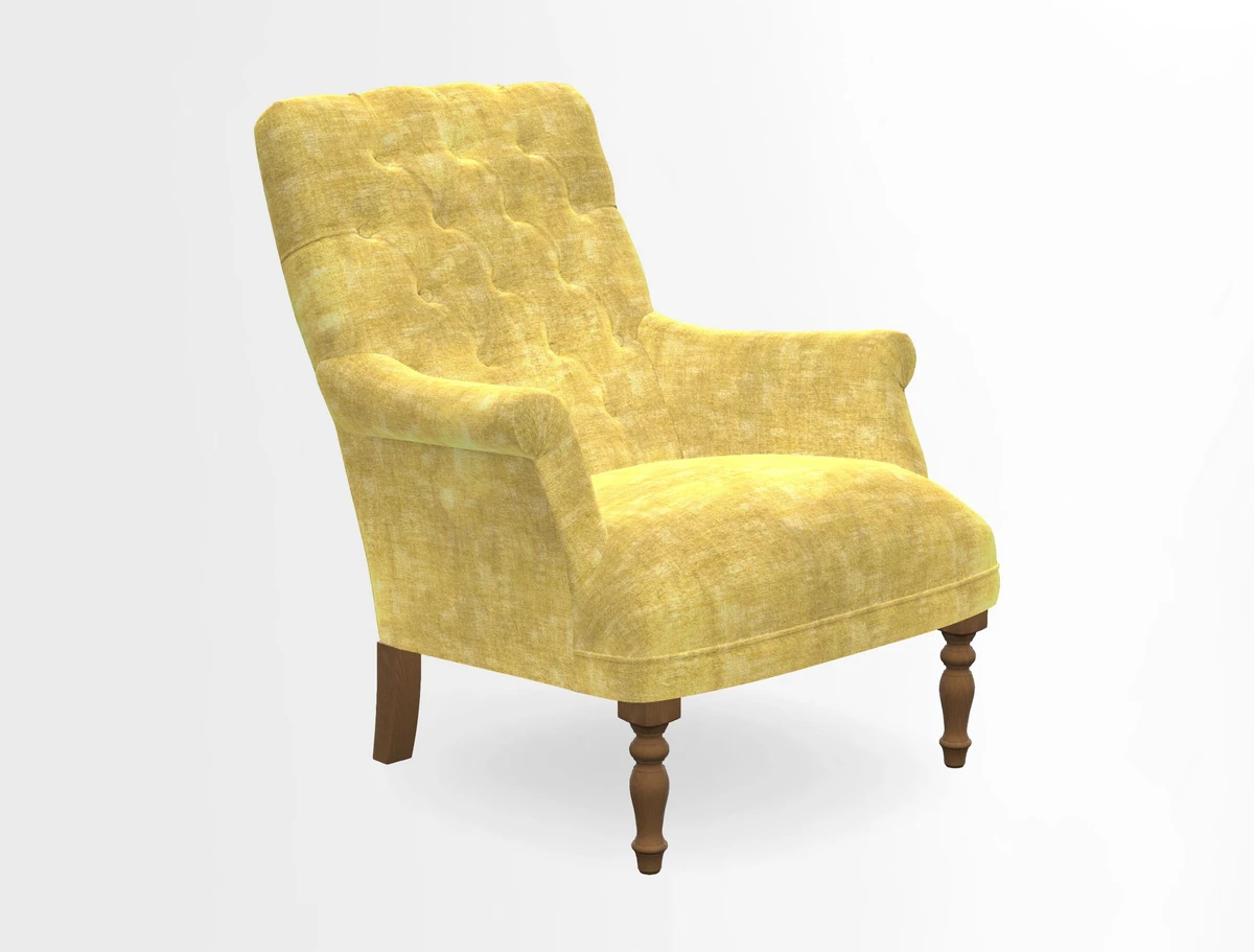 Snape Button Back chair in Spill Resistant V&A Bird & Rabbit Dark Green and Cube footstool in Spill Resistant RHS Etta's Stripe Ink
