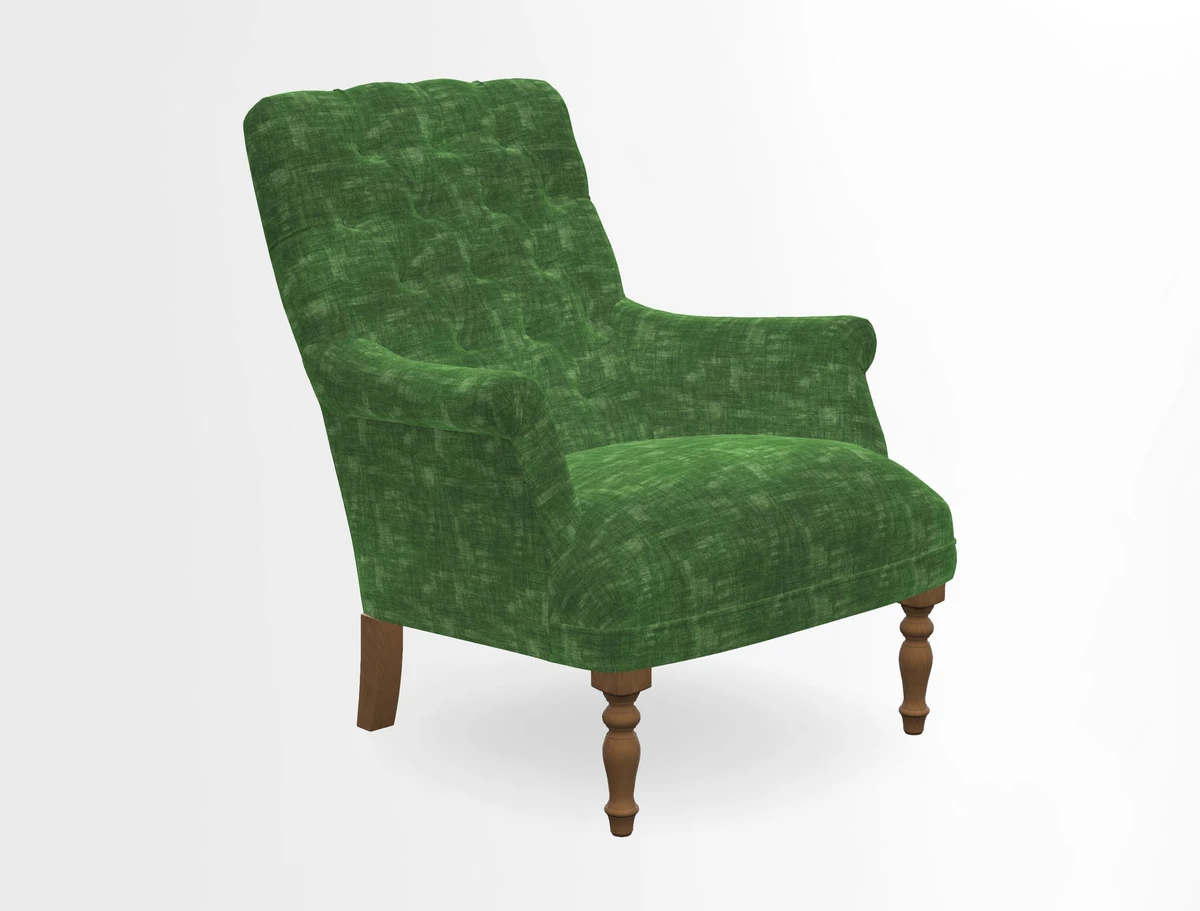 Snape Button Back chair in Spill Resistant V&A Bird & Rabbit Dark Green and Cube footstool in Spill Resistant RHS Etta's Stripe Ink