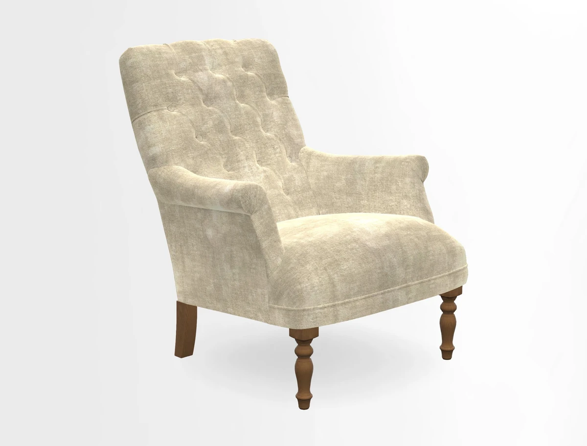 Snape Button Back chair in Spill Resistant V&A Bird & Rabbit Dark Green and Cube footstool in Spill Resistant RHS Etta's Stripe Ink