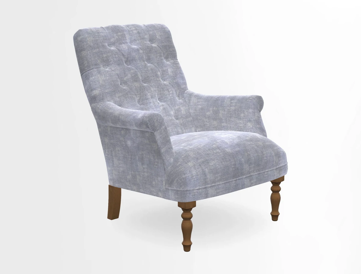 Snape Button Back chair in Spill Resistant V&A Bird & Rabbit Dark Green and Cube footstool in Spill Resistant RHS Etta's Stripe Ink