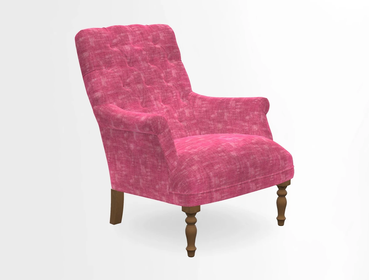 Snape Button Back chair in Spill Resistant V&A Bird & Rabbit Dark Green and Cube footstool in Spill Resistant RHS Etta's Stripe Ink