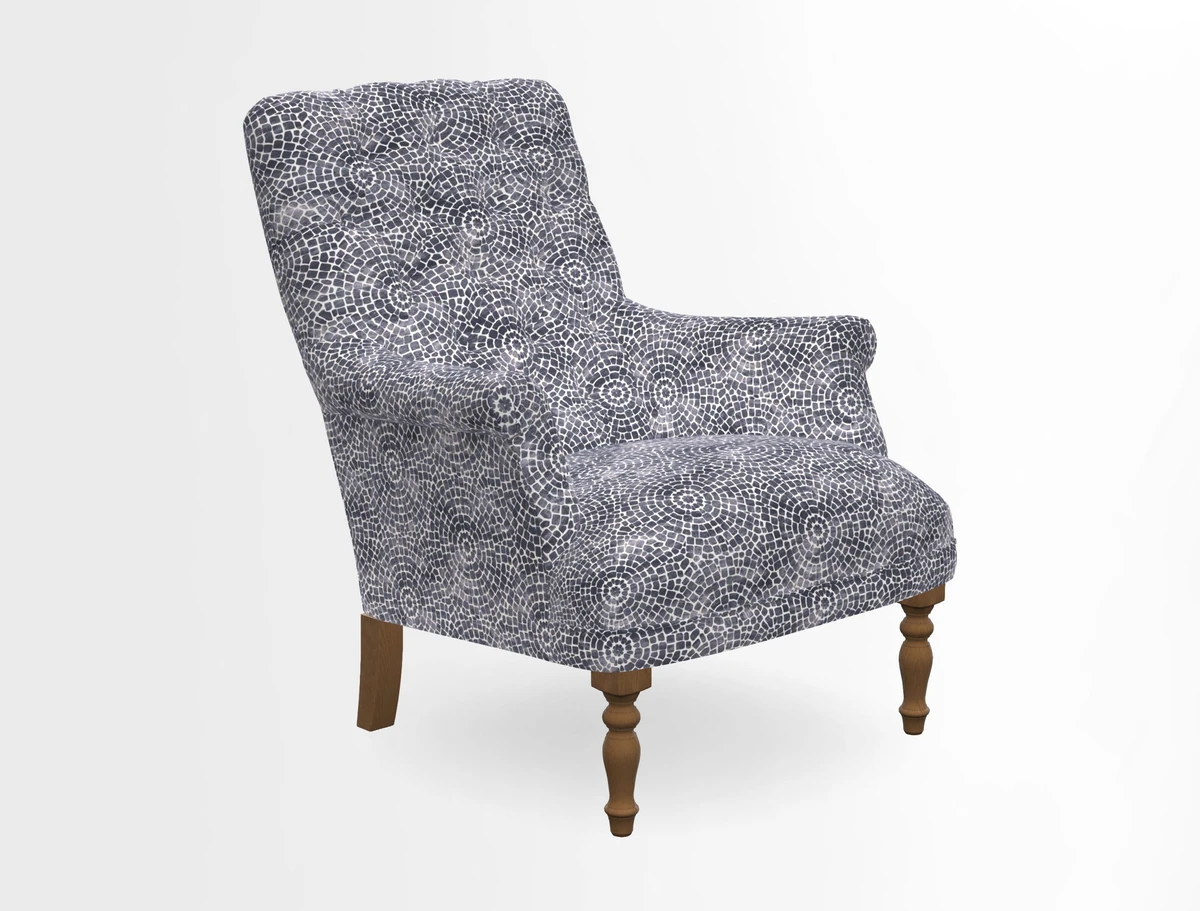 Snape Button Back chair in Spill Resistant V&A Bird & Rabbit Dark Green and Cube footstool in Spill Resistant RHS Etta's Stripe Ink