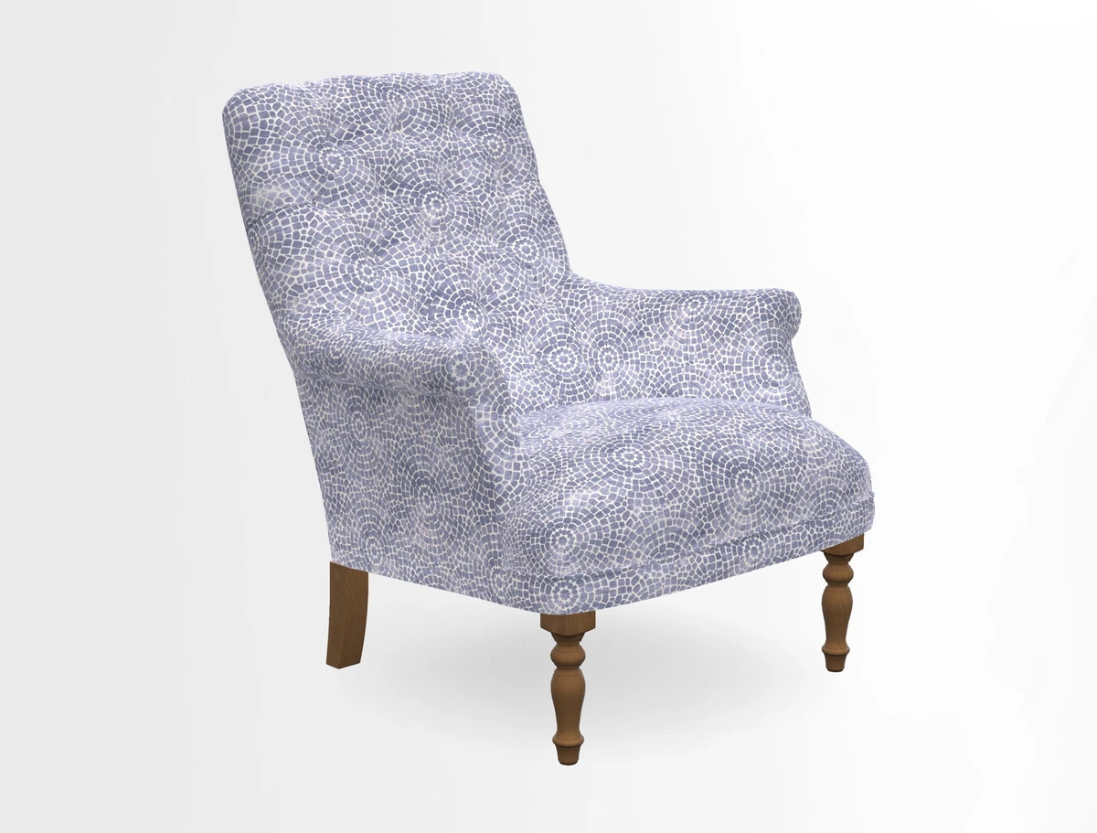 Snape Button Back chair in Spill Resistant V&A Bird & Rabbit Dark Green and Cube footstool in Spill Resistant RHS Etta's Stripe Ink