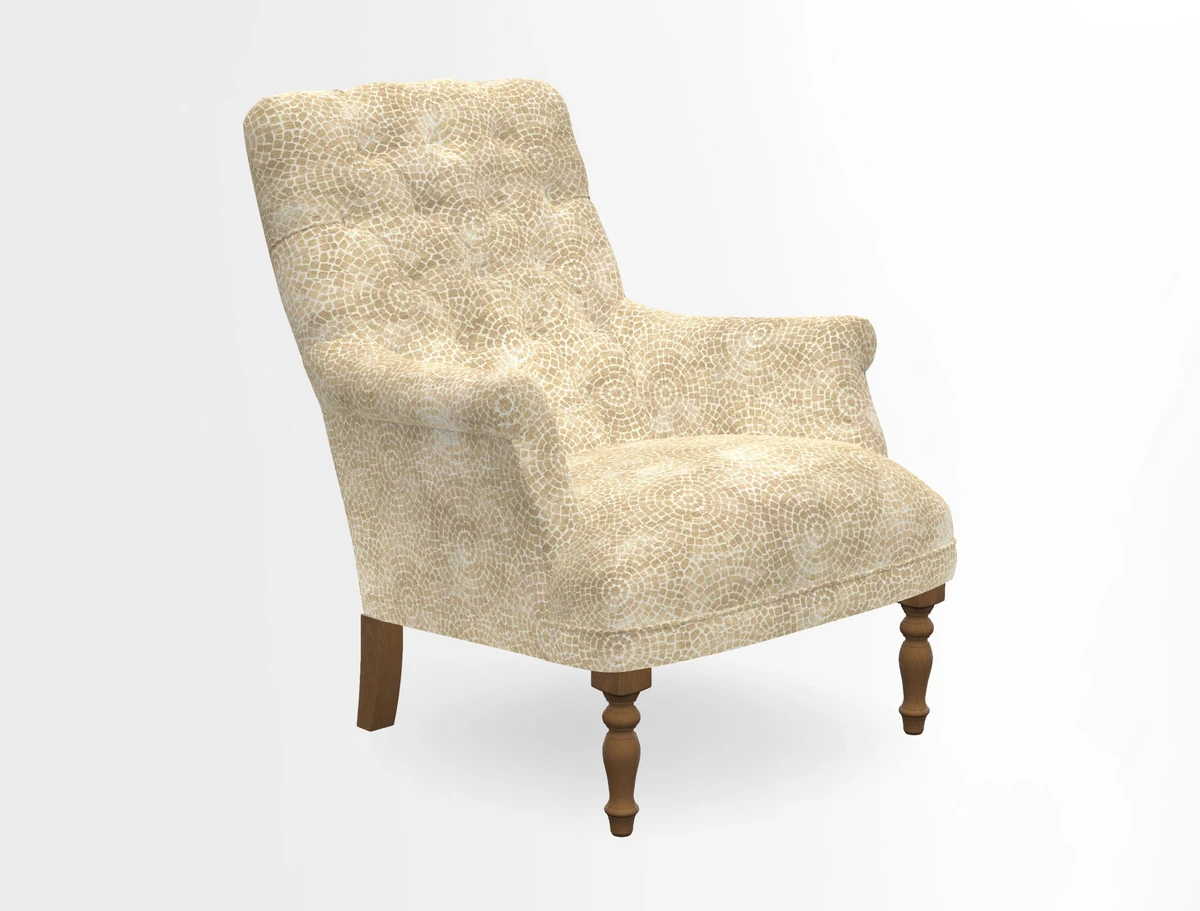 Snape Button Back chair in Spill Resistant V&A Bird & Rabbit Dark Green and Cube footstool in Spill Resistant RHS Etta's Stripe Ink