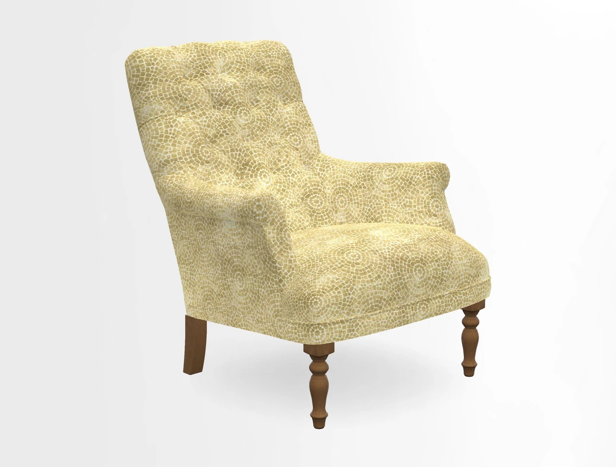 Snape Button Back chair in Spill Resistant V&A Bird & Rabbit Dark Green and Cube footstool in Spill Resistant RHS Etta's Stripe Ink