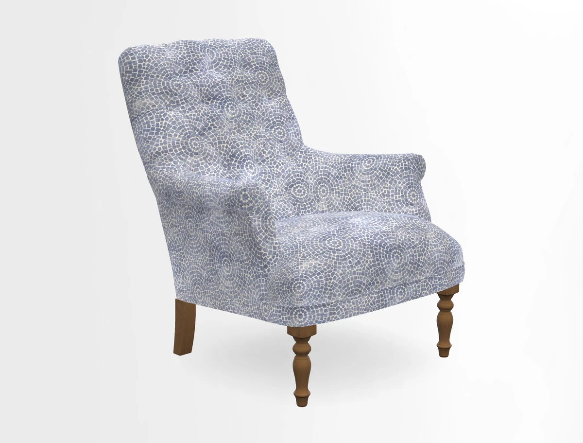 Snape Button Back chair in Spill Resistant V&A Bird & Rabbit Dark Green and Cube footstool in Spill Resistant RHS Etta's Stripe Ink