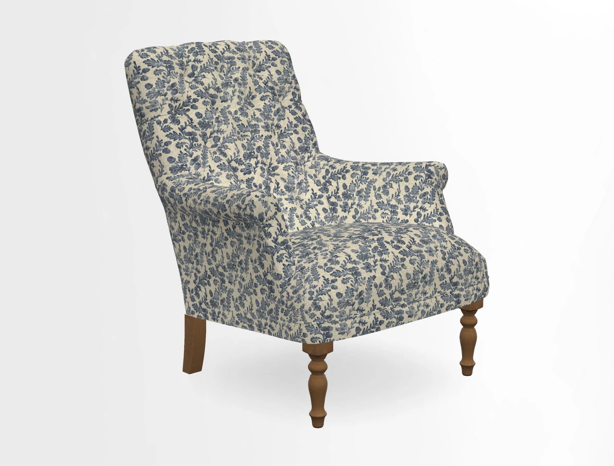 Snape Button Back chair in Spill Resistant V&A Bird & Rabbit Dark Green and Cube footstool in Spill Resistant RHS Etta's Stripe Ink