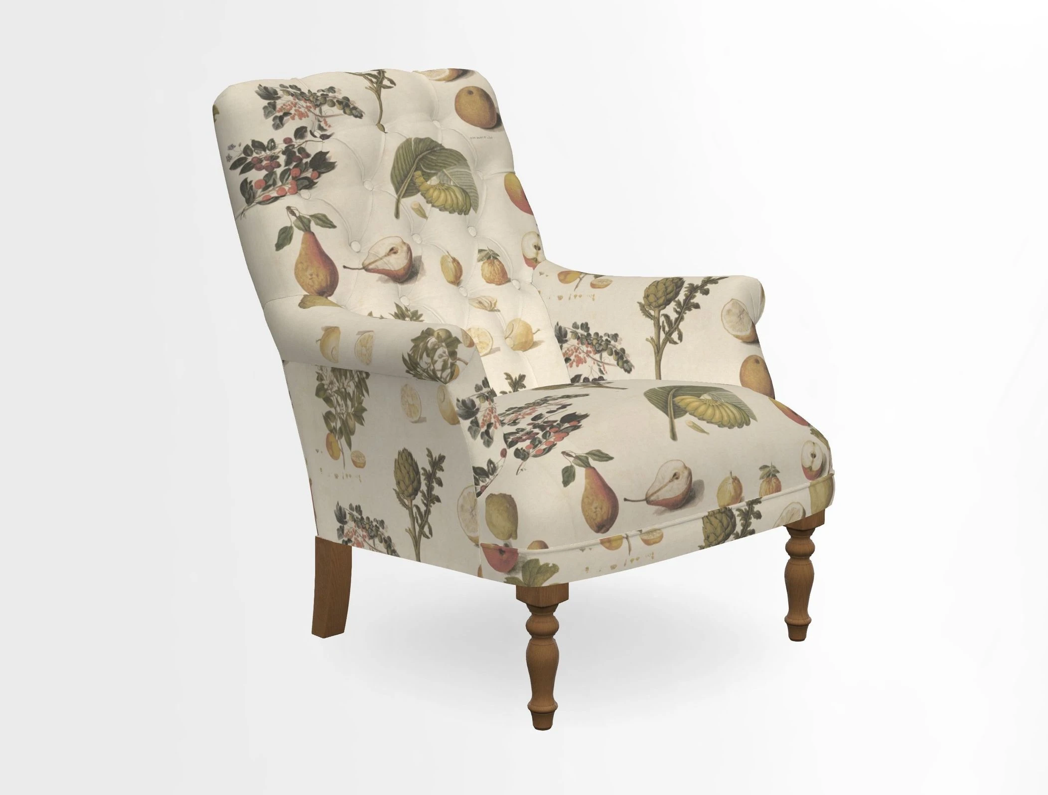Snape Button Back chair in Spill Resistant V&A Bird & Rabbit Dark Green and Cube footstool in Spill Resistant RHS Etta's Stripe Ink