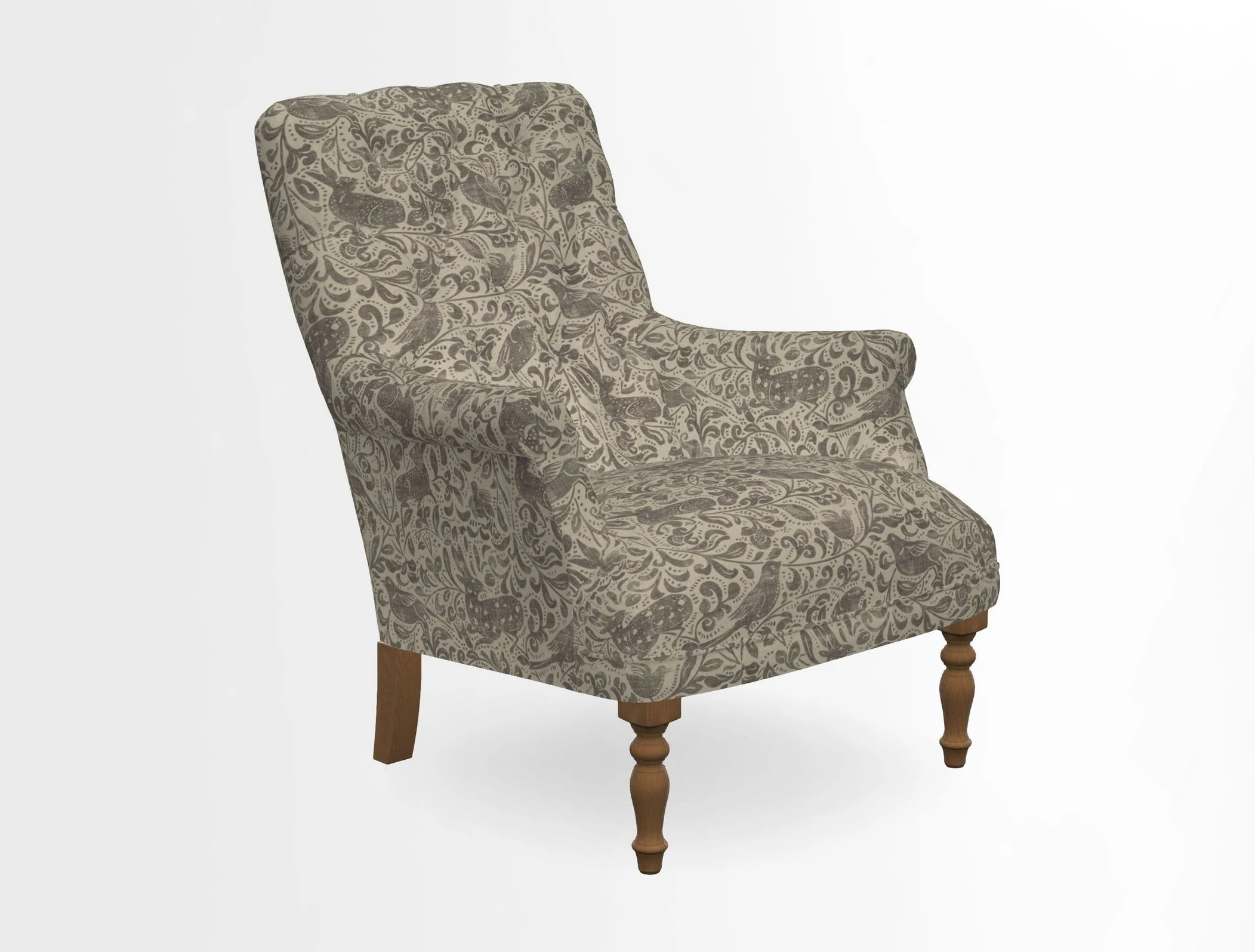 Snape Button Back chair in Spill Resistant V&A Bird & Rabbit Dark Green and Cube footstool in Spill Resistant RHS Etta's Stripe Ink